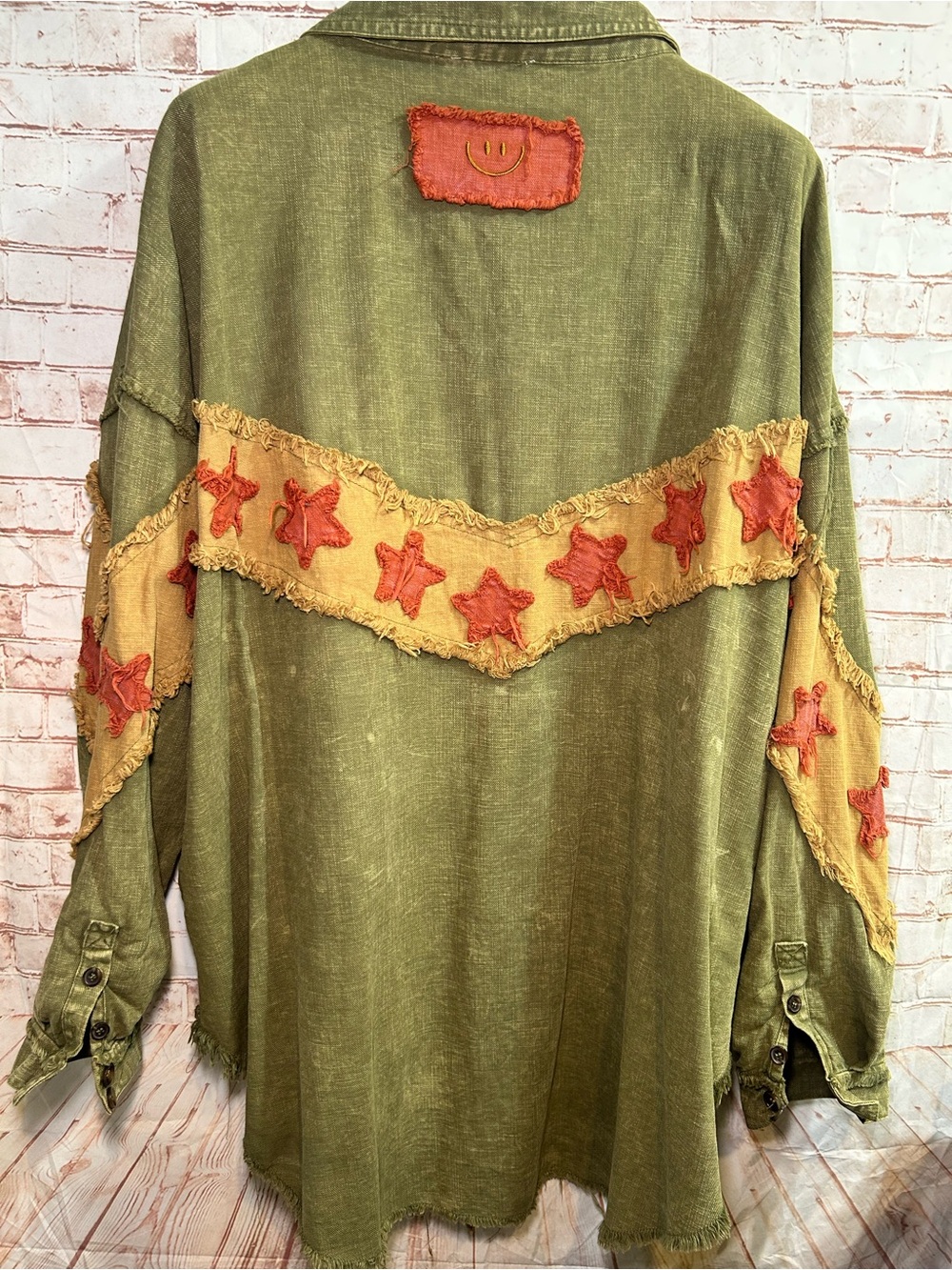 Oli & Hali Embroidered Star Shacket Olive Green Boho Oversized Tunic Button Up - Picture 4 of 9